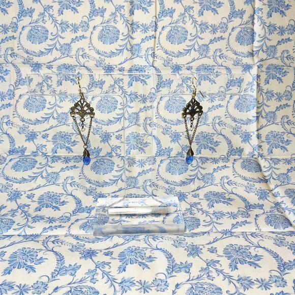 Antique Gold Blue Gemstone Green Crystal Teardrop Dangle Earrings Hand Crafted - Picture 7 of 9